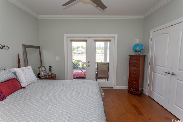 bedroom with ornamental molding, hardwood / wood-style floors, access to exterior, and french doors