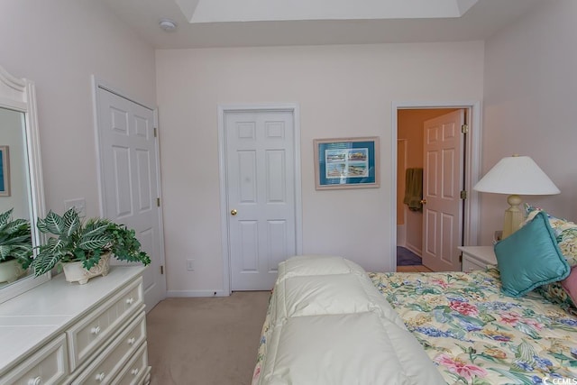 bedroom with light carpet