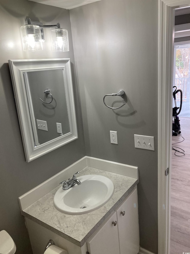 bathroom with wood finished floors and vanity