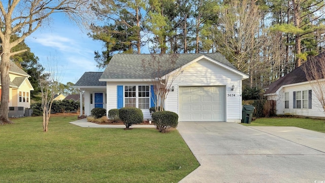 ranch-style home with a garage, central AC unit, and a front yard