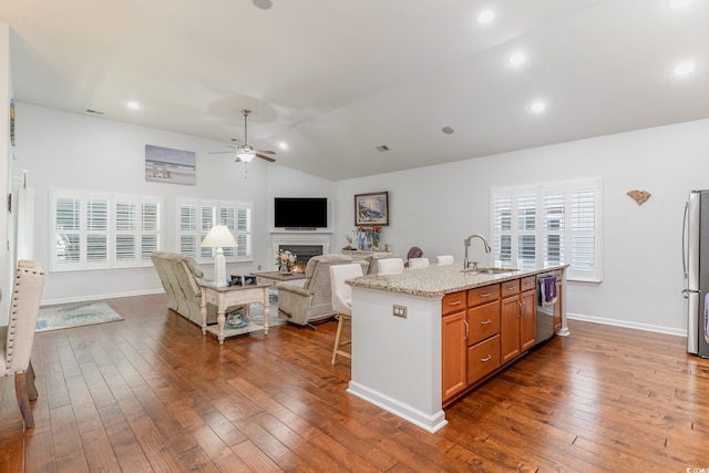 kitchen featuring dark wood-type flooring, lofted ceiling, sink, appliances with stainless steel finishes, and an island with sink