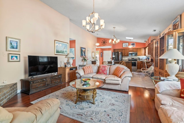 461 Spauldingwood Rd, Little River, SC 29566 - living area featuring a chandelier, lofted ceiling, and hardwood / wood-style flooring