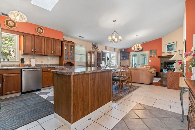 461 Spauldingwood Rd, Little River, SC 29566 - kitchen with dishwasher, a chandelier, plenty of natural light, vaulted ceiling, and open floor plan