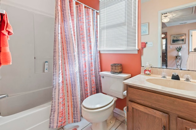 full bath featuring toilet, shower / bath combination with curtain, and vanity