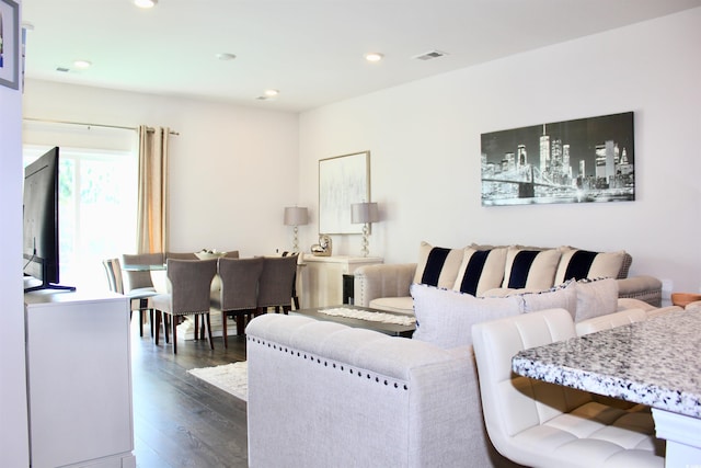 living room with dark hardwood / wood-style flooring