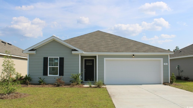 single story home with a garage, driveway, a shingled roof, and a front yard