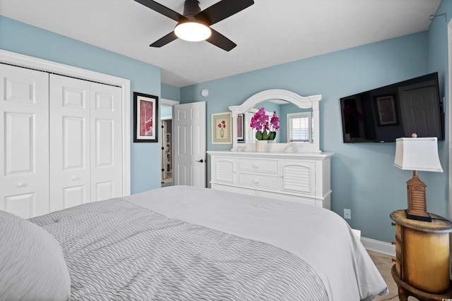 bedroom featuring ceiling fan and a closet