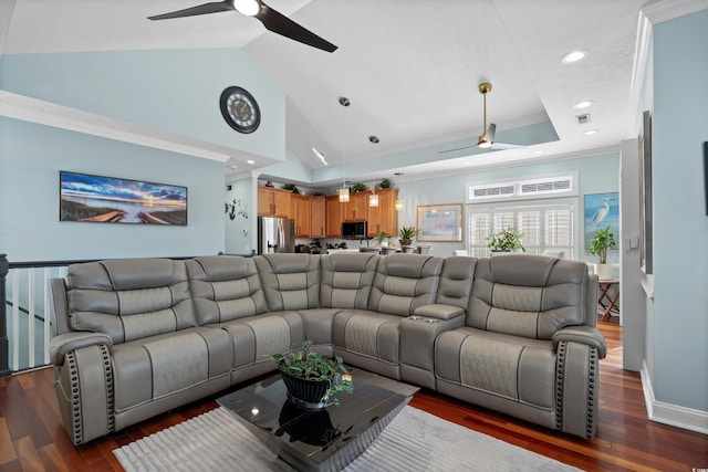 living room featuring ornamental molding, high vaulted ceiling, dark hardwood / wood-style floors, and ceiling fan