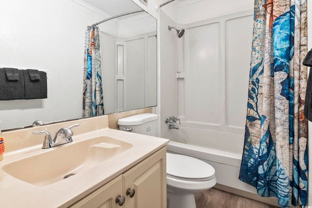 full bathroom with wood-type flooring, vanity, shower / bath combo, toilet, and crown molding