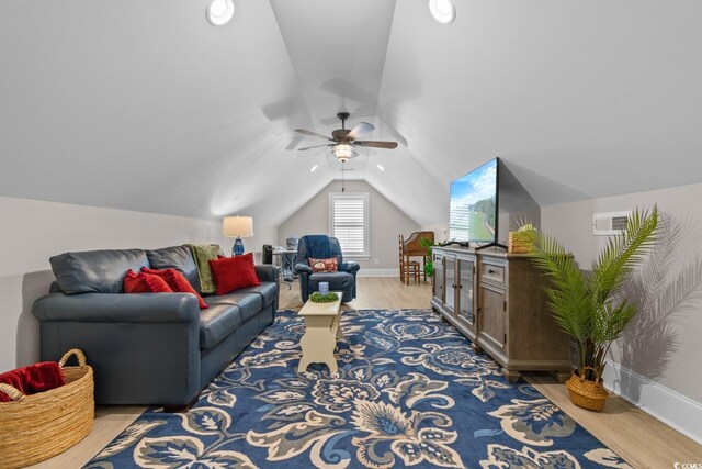 bathroom with lofted ceiling, toilet, vanity, curtained shower, and hardwood / wood-style flooring