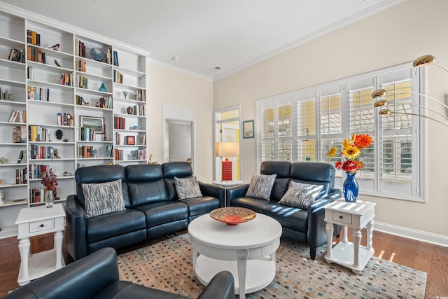 living room featuring ornamental molding and wood-type flooring