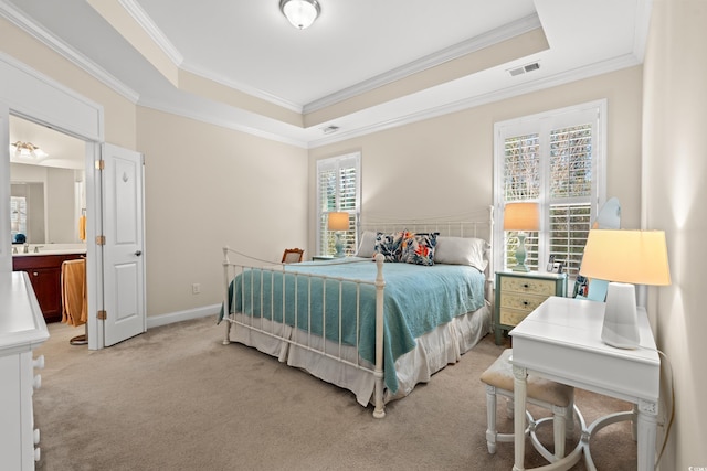 bedroom with a raised ceiling, ornamental molding, and light colored carpet