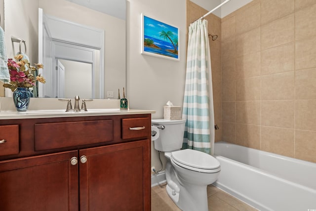 full bathroom featuring tile patterned flooring, vanity, shower / bathtub combination with curtain, and toilet