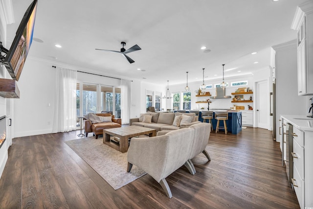 living room with ornamental molding, ceiling fan, and dark hardwood / wood-style flooring