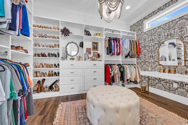 walk in closet with dark wood-type flooring and a notable chandelier