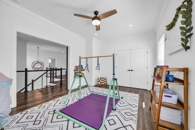 workout room with hardwood / wood-style flooring, ceiling fan with notable chandelier, and ornamental molding