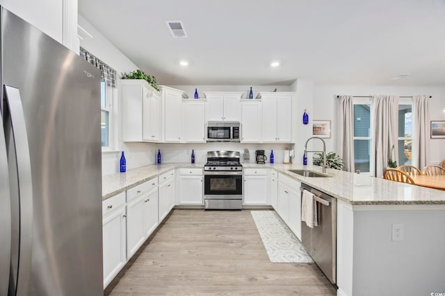 kitchen featuring light stone counters, stainless steel appliances, a peninsula, a sink, and white cabinetry