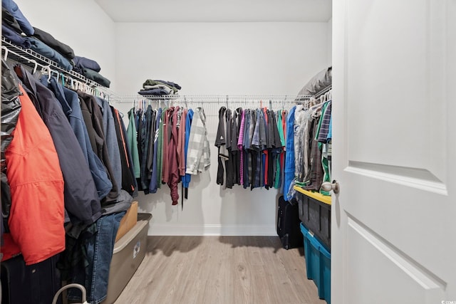 walk in closet with light wood finished floors