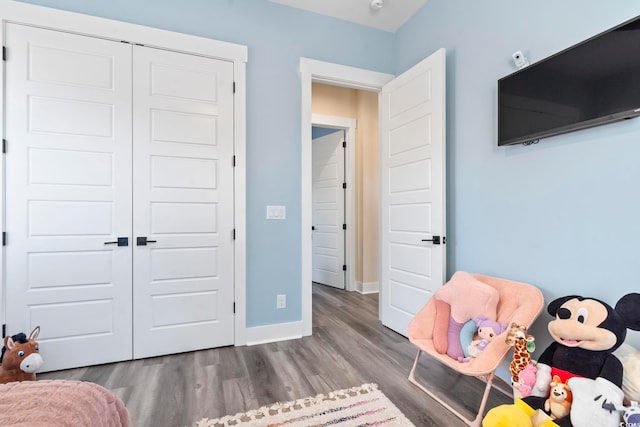 bedroom featuring wood-type flooring and a closet