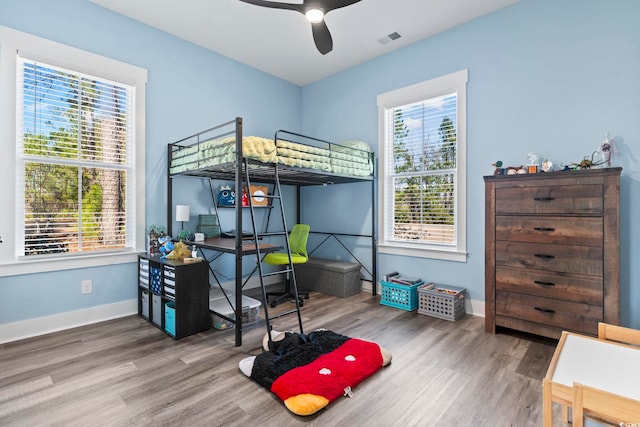 bedroom with ceiling fan and wood-type flooring