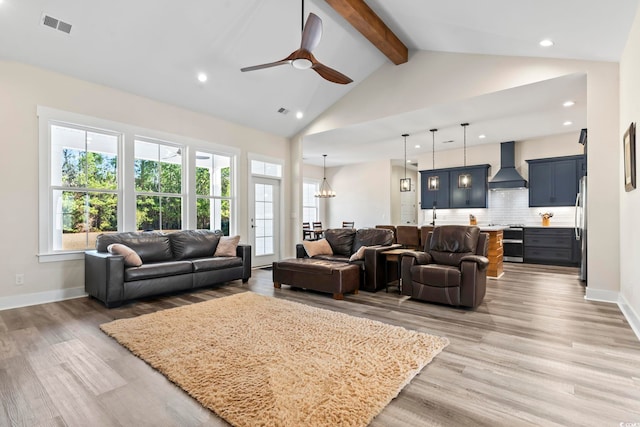 living room with beam ceiling, high vaulted ceiling, ceiling fan, and hardwood / wood-style flooring