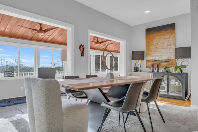 dining space with wooden ceiling