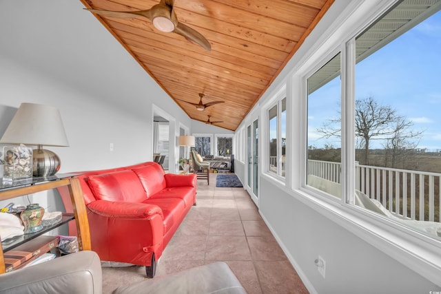 sunroom featuring ceiling fan, lofted ceiling, a wealth of natural light, and wood ceiling