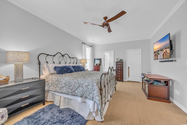 bedroom with ceiling fan, crown molding, and light carpet