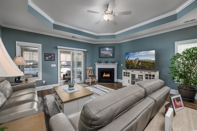 living room featuring dark hardwood / wood-style flooring, a tray ceiling, a wealth of natural light, and ceiling fan