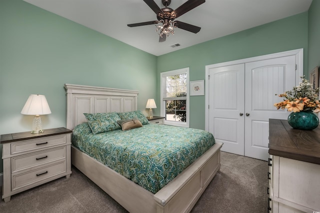 carpeted bedroom featuring ceiling fan and a closet