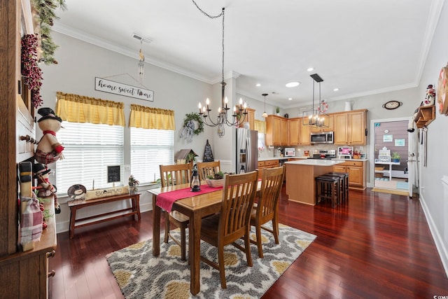 dining area with ornamental molding, a chandelier, dark wood finished floors, and baseboards