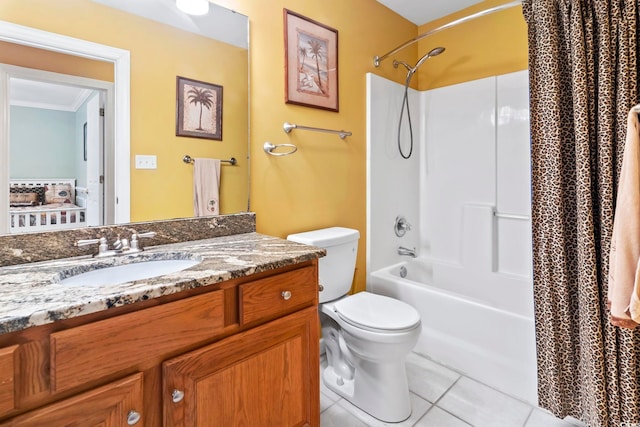 full bathroom with tile patterned flooring, vanity, shower / bathtub combination with curtain, and toilet