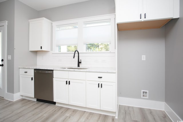 kitchen featuring a sink, white cabinets, stainless steel dishwasher, backsplash, and light wood finished floors