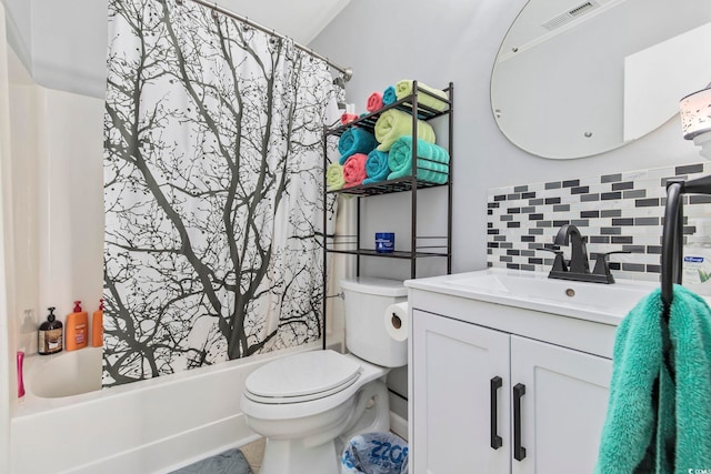 full bathroom with vanity, shower / bathtub combination with curtain, backsplash, and toilet