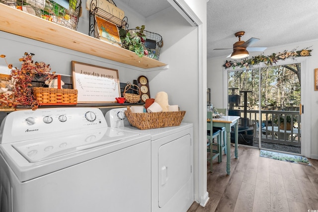 washroom with separate washer and dryer, hardwood / wood-style flooring, ceiling fan, crown molding, and a textured ceiling