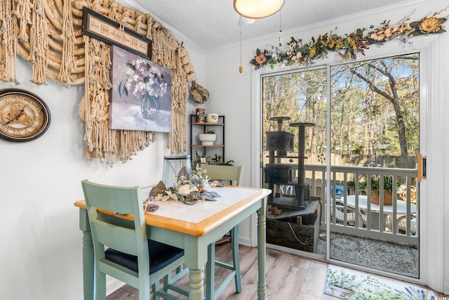 dining room featuring ornamental molding, hardwood / wood-style floors, and a textured ceiling