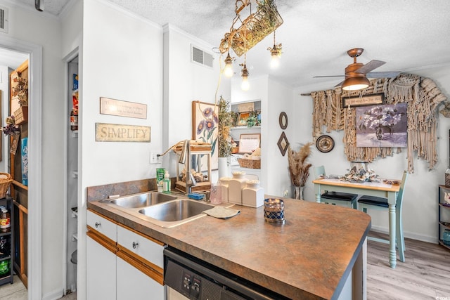 kitchen featuring sink, ornamental molding, a textured ceiling, white cabinets, and stainless steel dishwasher