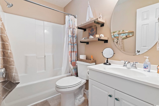 full bathroom featuring vanity, shower / bathtub combination with curtain, and toilet