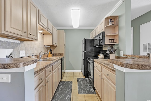 kitchen featuring sink, light tile patterned floors, kitchen peninsula, decorative backsplash, and black appliances