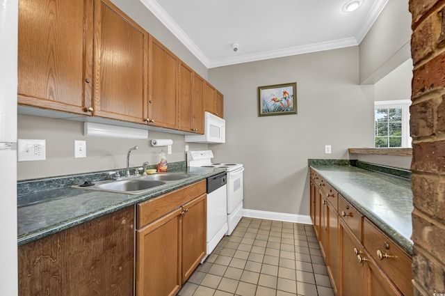 kitchen featuring crown molding, sink, light tile patterned floors, and white appliances