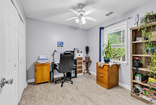 office featuring ceiling fan, light hardwood / wood-style floors, and a textured ceiling