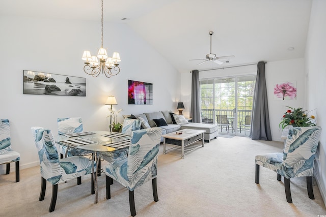 5825 Catalina Dr Unit 332, North Myrtle Beach, SC 29582 - dining room with light carpet, a chandelier, ceiling fan, and high vaulted ceiling