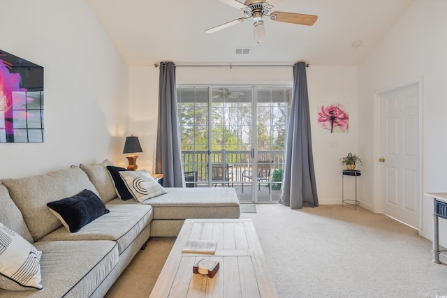 5825 Catalina Dr Unit 332, North Myrtle Beach, SC 29582 - living room featuring ceiling fan, lofted ceiling, and light colored carpet