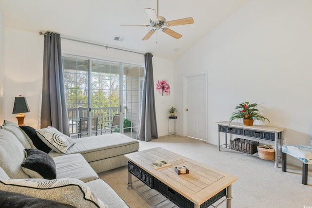 5825 Catalina Dr Unit 332, North Myrtle Beach, SC 29582 - living room featuring ceiling fan, light carpet, and high vaulted ceiling