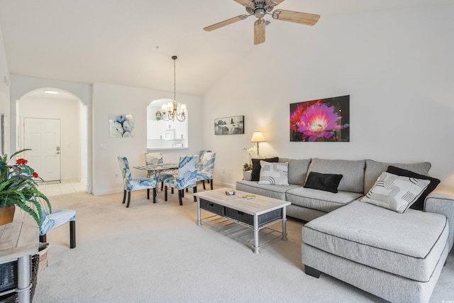 5825 Catalina Dr Unit 332, North Myrtle Beach, SC 29582 - living area with arched walkways, light carpet, ceiling fan, a chandelier, and lofted ceiling