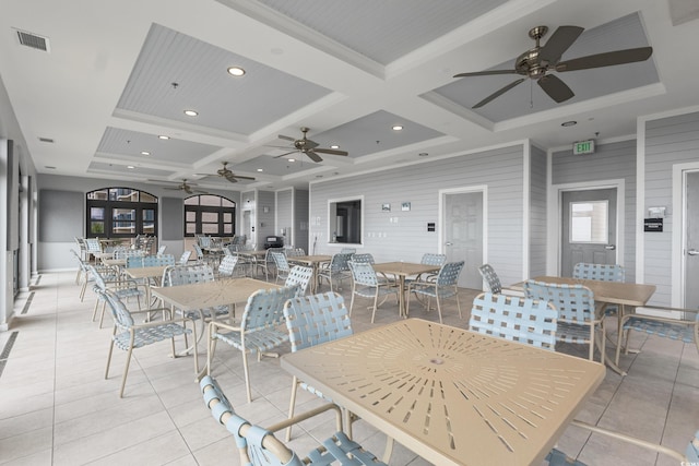 5825 Catalina Dr Unit 332, North Myrtle Beach, SC 29582 - dining area featuring ceiling fan, coffered ceiling, light tile patterned flooring, ornamental molding, and beam ceiling