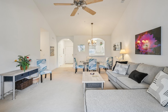 5825 Catalina Dr Unit 332, North Myrtle Beach, SC 29582 - living area with arched walkways, high vaulted ceiling, a chandelier, ceiling fan, and carpet flooring