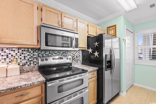 kitchen with appliances with stainless steel finishes, light brown cabinetry, tasteful backsplash, ornamental molding, and light stone counters