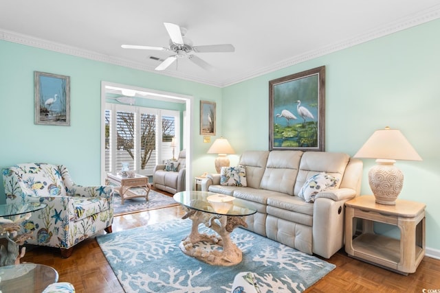 living room with parquet floors, ornamental molding, and ceiling fan