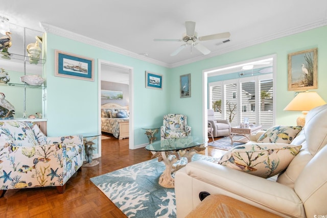 living room with crown molding, ceiling fan, and dark parquet floors